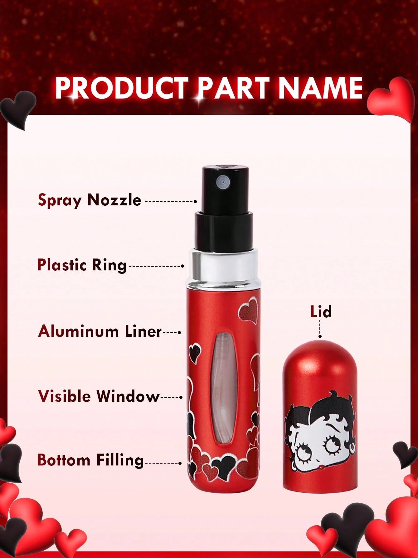 Betty Boop x 5 Ml Cartoon Character & Heart Shaped Refillable Misting Spray Bottle, Gift Ideas,Party,Holiday,Valentine's Day,Vacation