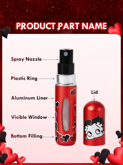 Betty Boop x 5 Ml Cartoon Character & Heart Shaped Refillable Misting Spray Bottle, Gift Ideas,Party,Holiday,Valentine's Day,Vacation