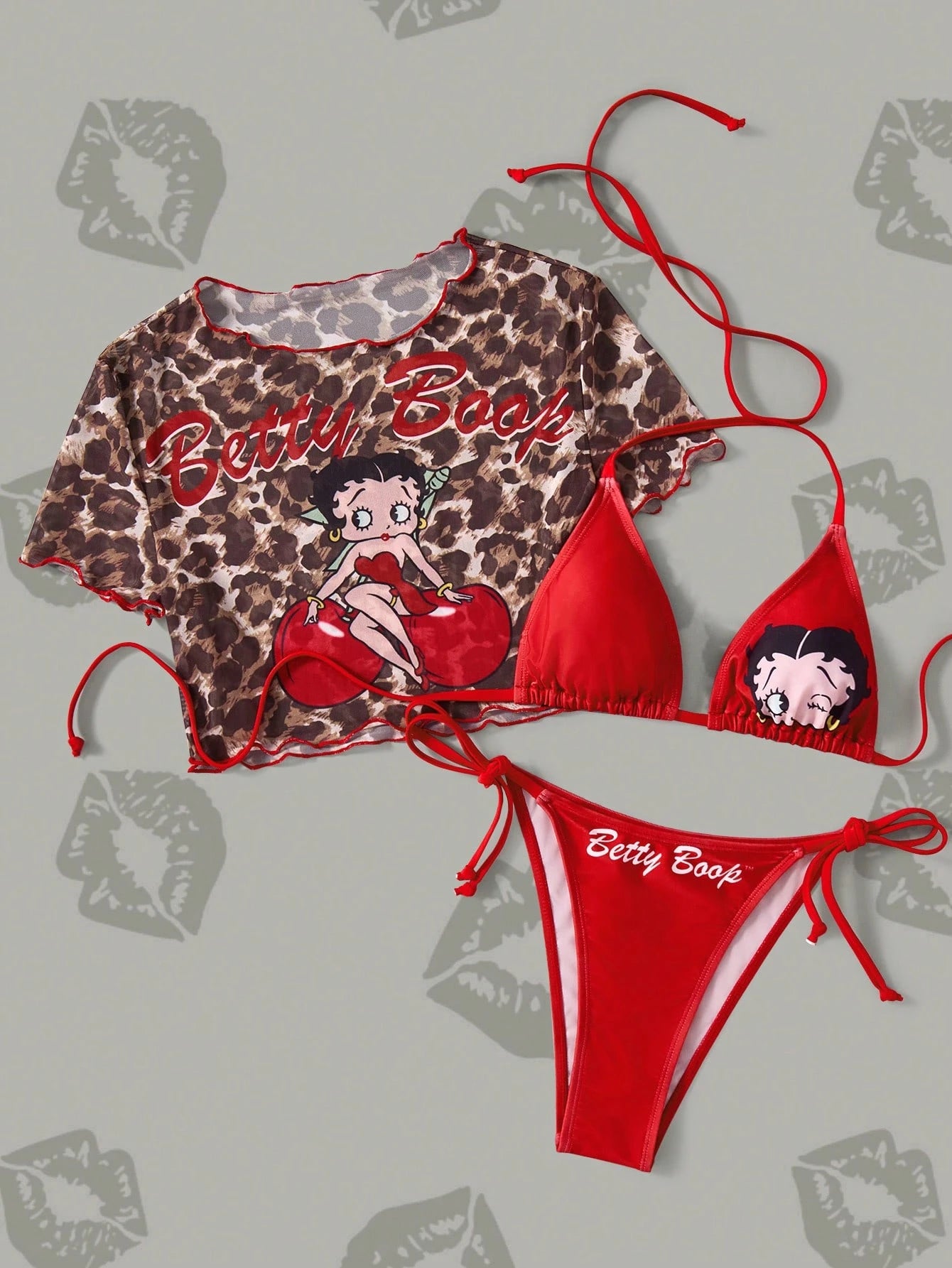 Betty Boop x Women's Summer Vacation Beach Cartoon Pattern Halter Bikini Set And Cover-Up Top