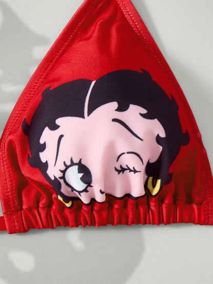 Betty Boop x Women's Summer Vacation Beach Cartoon Pattern Halter Bikini Set And Cover-Up Top