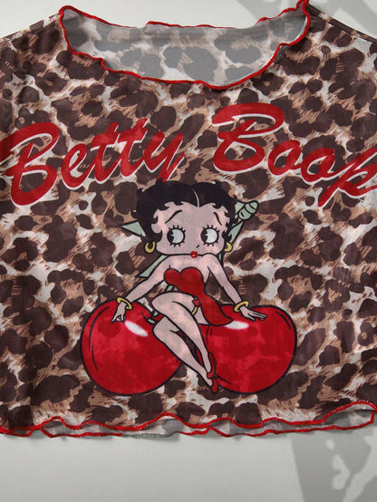 Betty Boop x Women's Summer Vacation Beach Cartoon Pattern Halter Bikini Set And Cover-Up Top