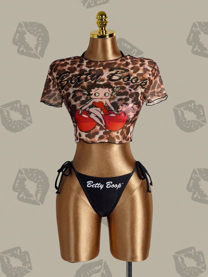 Betty Boop x Women's Summer Vacation Beach Cartoon Pattern Halter Bikini Set And Cover-Up Top