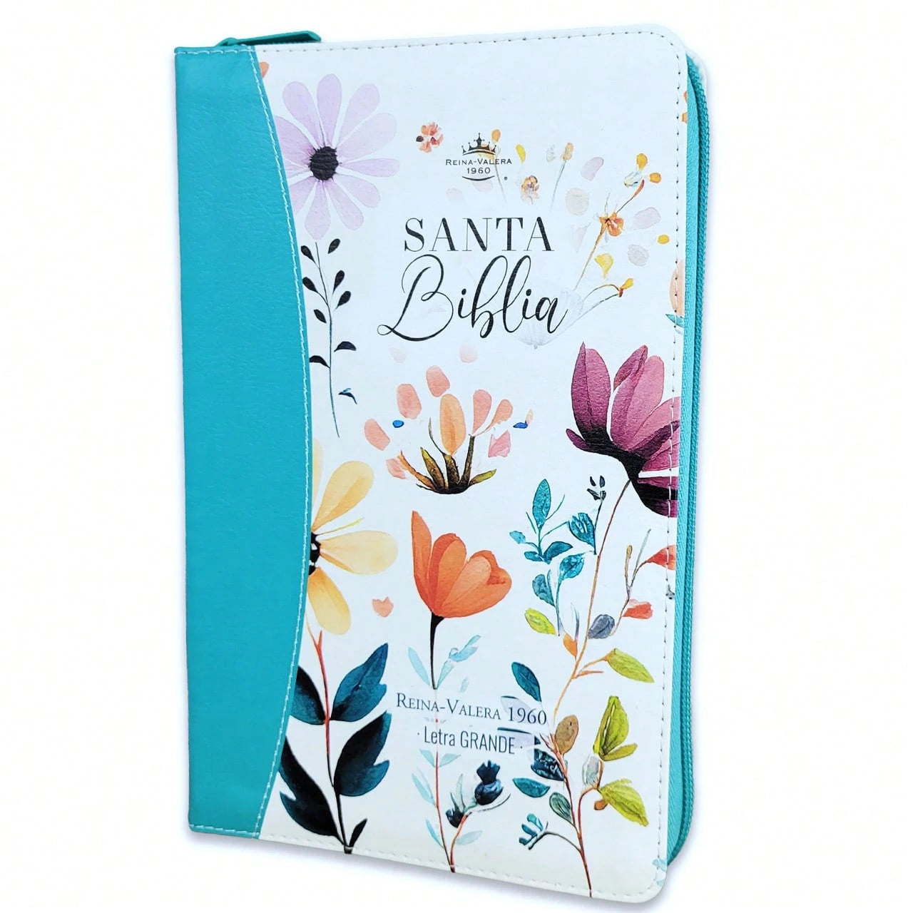 Biblia Con Cierre Letra Grande 12 Puntos Para Mujer RV1960 Imit Piel Turquesa Con Indice Y Canto Floral