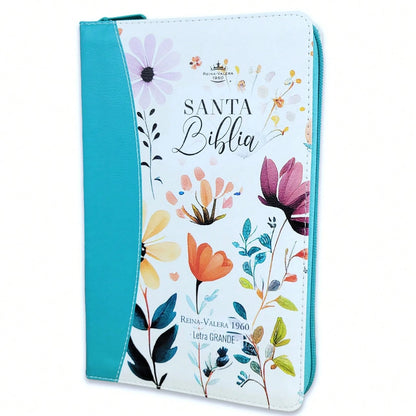 Biblia Con Cierre Letra Grande 12 Puntos Para Mujer RV1960 Imit Piel Turquesa Con Indice Y Canto Floral
