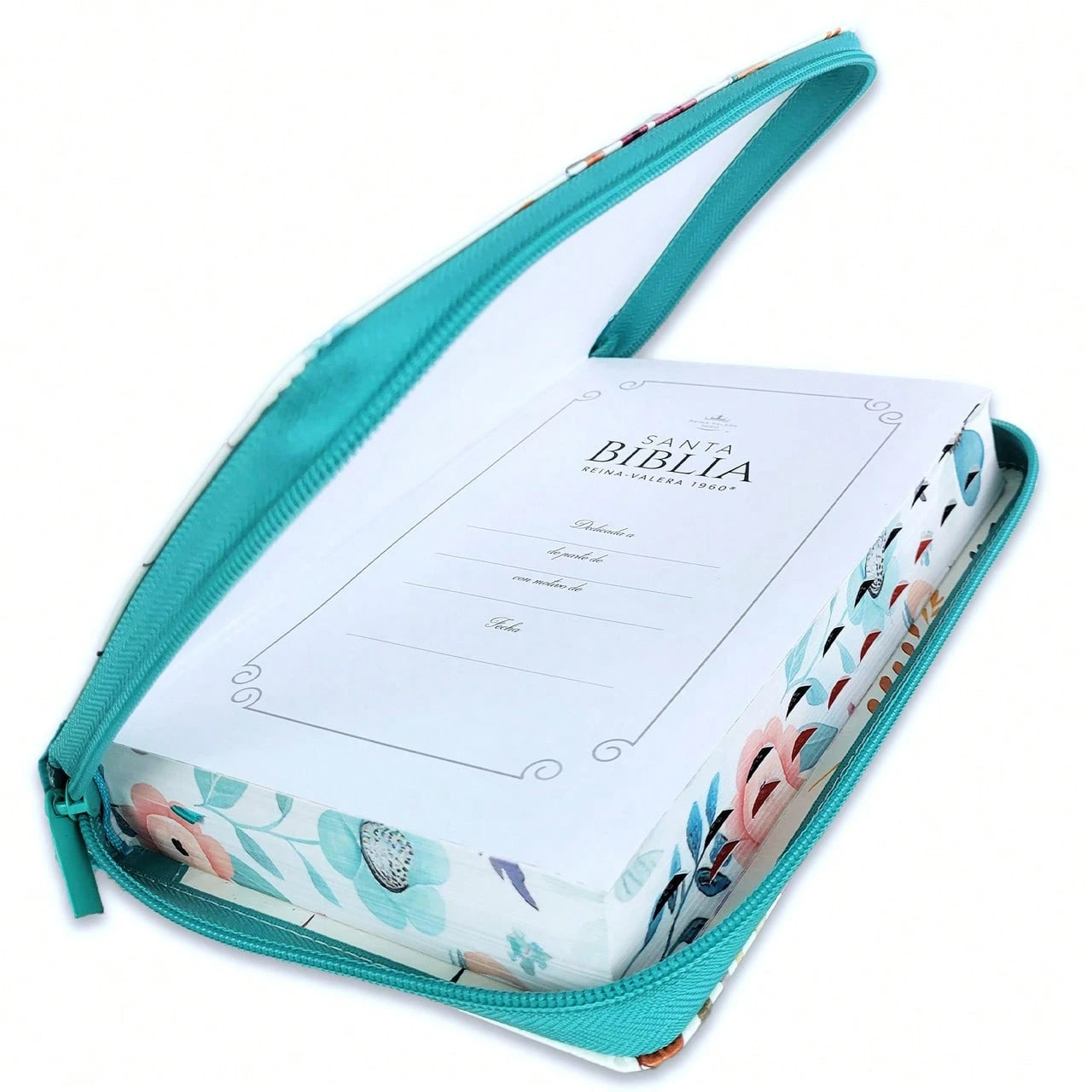 Biblia Con Cierre Letra Grande 12 Puntos Para Mujer RV1960 Imit Piel Turquesa Con Indice Y Canto Floral