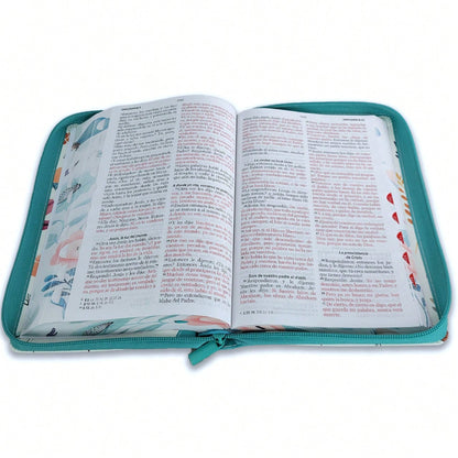Biblia Con Cierre Letra Grande 12 Puntos Para Mujer RV1960 Imit Piel Turquesa Con Indice Y Canto Floral