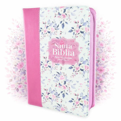 Biblia Con Cierre Para Mujer Portatil Letra Grande 12 Puntos RV1960, Imit Piel Imit Piel Duotono Blanco Y Rosa Floral Con Indice Y Canto Floral