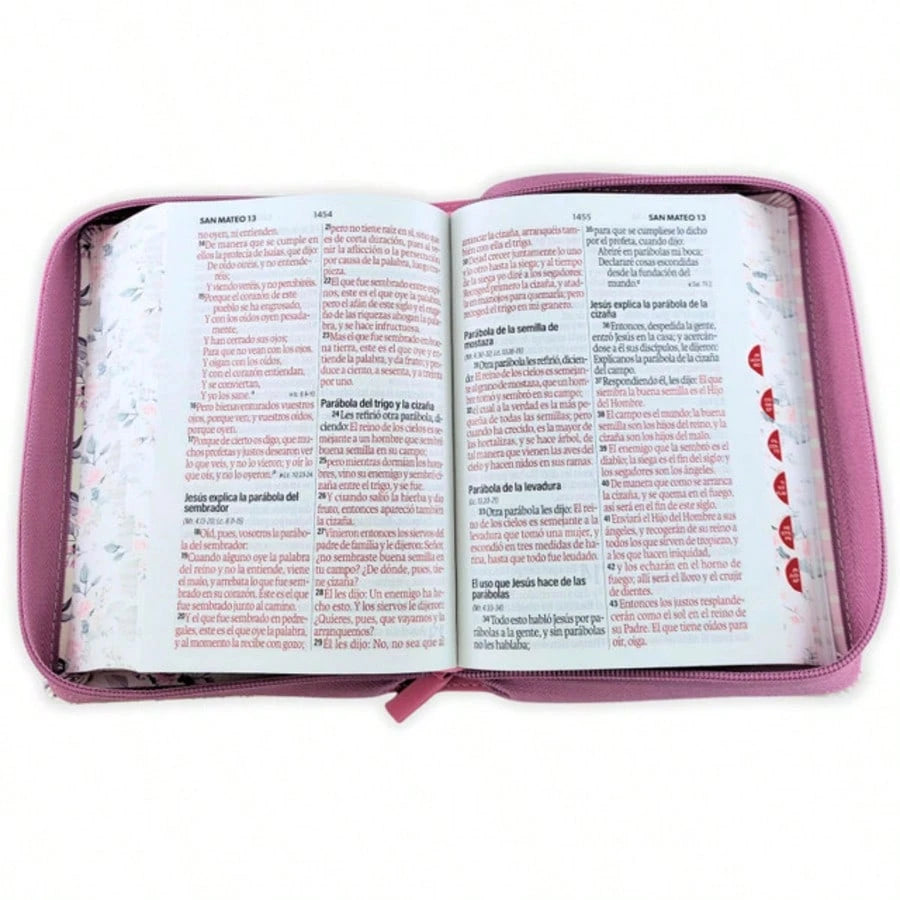 Biblia Con Cierre Para Mujer Portatil Letra Grande 12 Puntos RV1960, Imit Piel Imit Piel Duotono Blanco Y Rosa Floral Con Indice Y Canto Floral