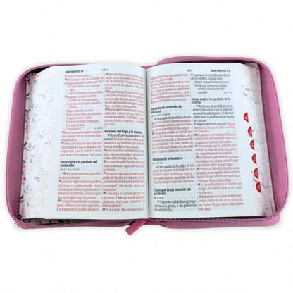 Biblia Con Cierre Para Mujer Portatil Letra Grande 12 Puntos RV1960, Imit Piel Imit Piel Duotono Blanco Y Rosa Floral Con Indice Y Canto Floral