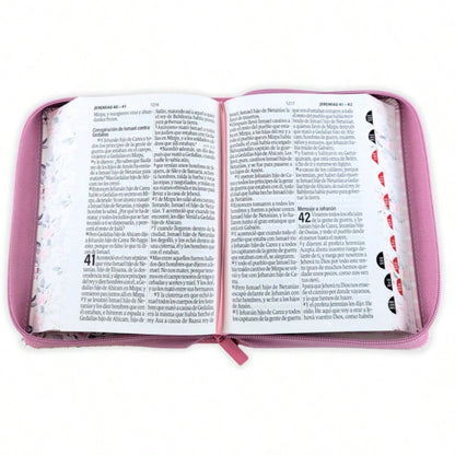 Biblia Con Cierre Para Mujer Portatil Letra Grande 12 Puntos RV1960, Imit Piel Imit Piel Duotono Blanco Y Rosa Floral Con Indice Y Canto Floral