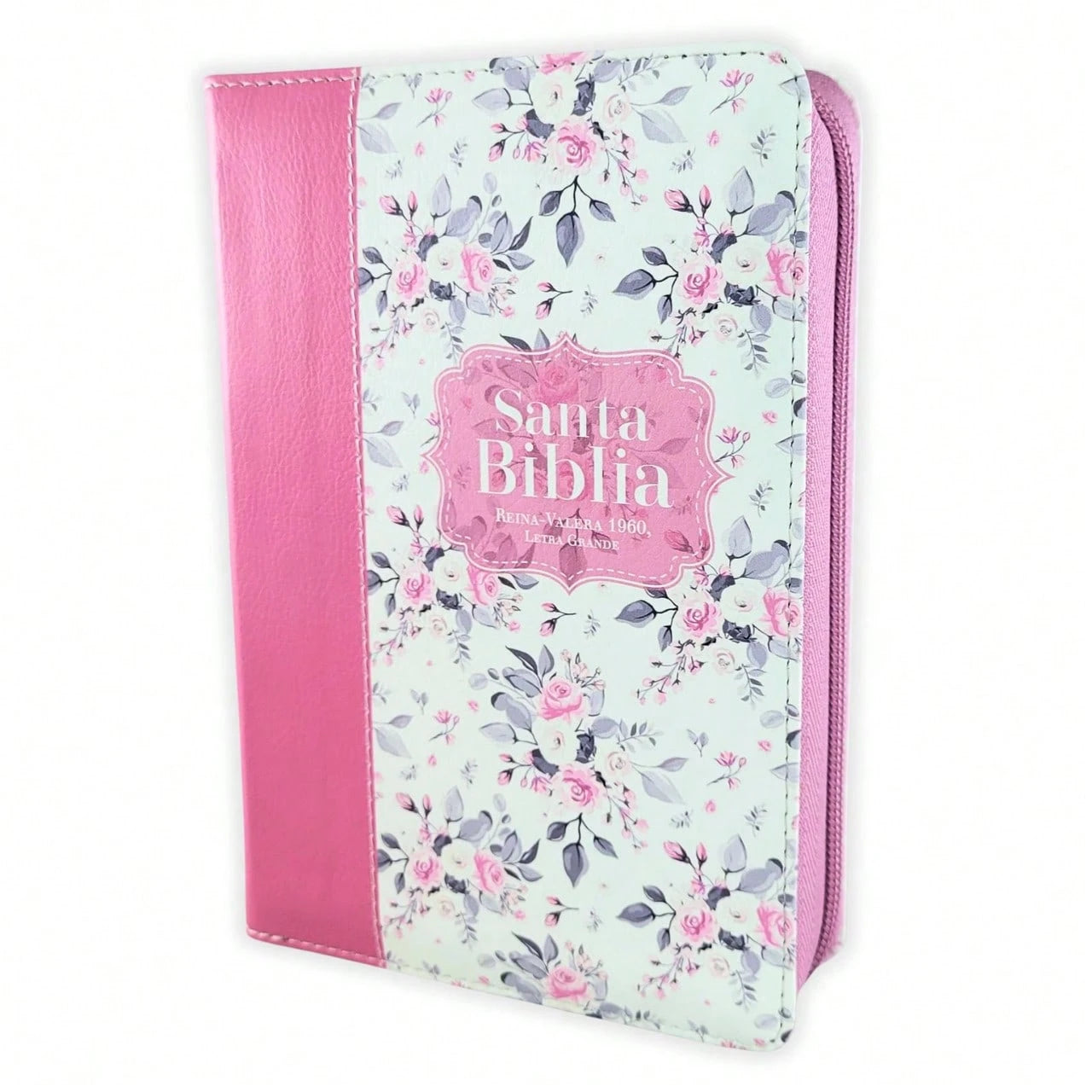 Biblia Con Cierre Para Mujer Portatil Letra Grande 12 Puntos RV1960, Imit Piel Imit Piel Duotono Blanco Y Rosa Floral Con Indice Y Canto Floral