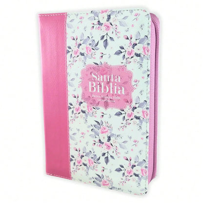 Biblia Con Cierre Para Mujer Portatil Letra Grande 12 Puntos RV1960, Imit Piel Imit Piel Duotono Blanco Y Rosa Floral Con Indice Y Canto Floral