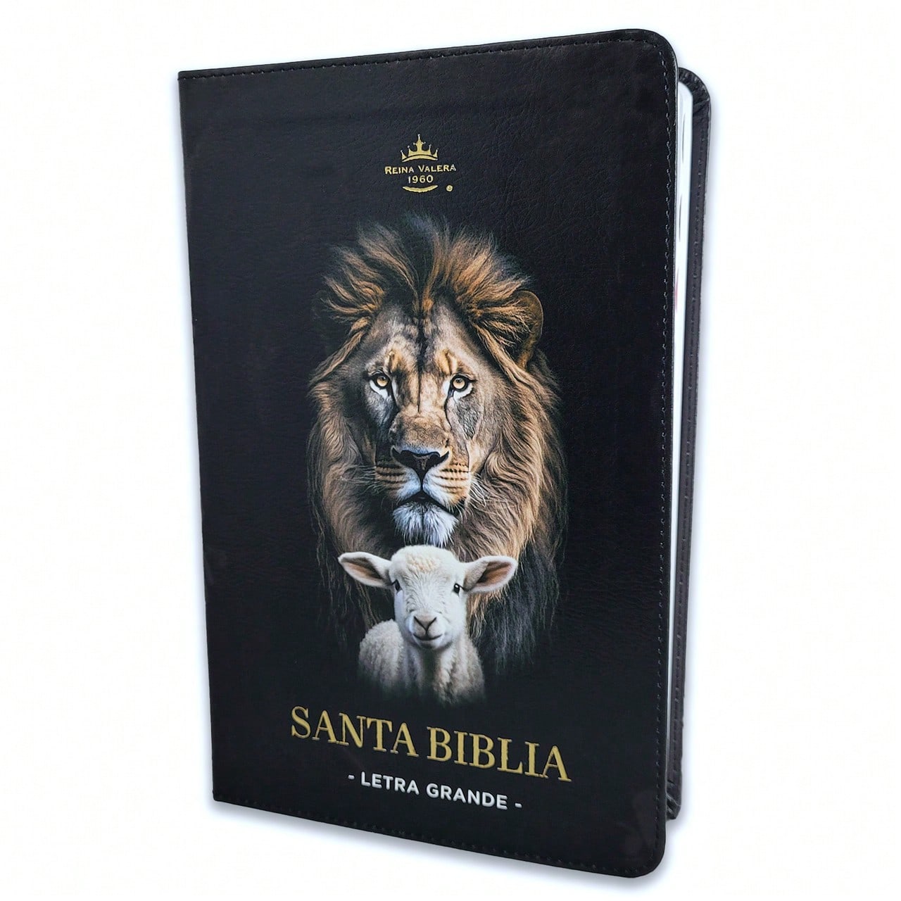 Biblia Letra Grande 12 Puntos RV1960 Imit Piel Negro Cordero Y Leon Con Indice
