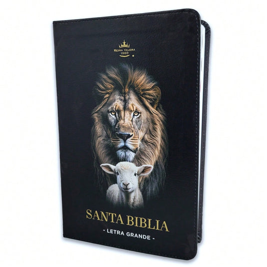 Biblia Letra Grande 12 Puntos RV1960 Imit Piel Negro Cordero Y Leon Con Indice
