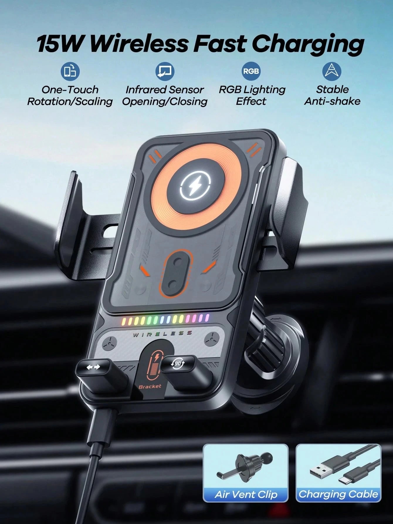 BiLOLLY 15W Car Fast Charging Mount, In-Car Wireless Charger, Touch-Activated Rotation, Automatic Clamping, Ambient Lighting, Built-In Battery, Supports Multi-Angle Adjustment, Anti-Vibration Helical