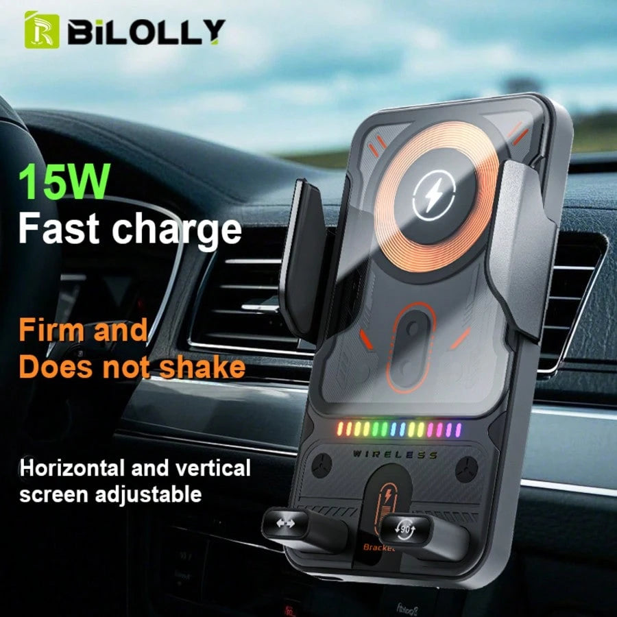 BiLOLLY 15W Car Fast Charging Mount, In-Car Wireless Charger, Touch-Activated Rotation, Automatic Clamping, Ambient Lighting, Built-In Battery, Supports Multi-Angle Adjustment, Anti-Vibration Helical