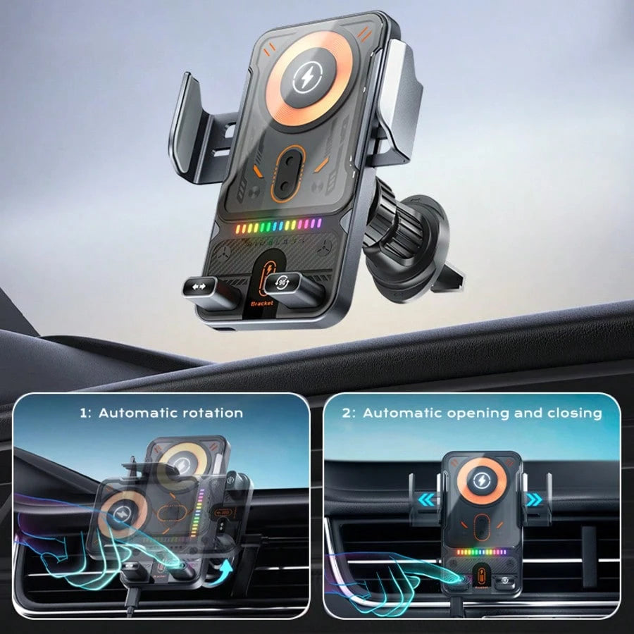 BiLOLLY 15W Car Fast Charging Mount, In-Car Wireless Charger, Touch-Activated Rotation, Automatic Clamping, Ambient Lighting, Built-In Battery, Supports Multi-Angle Adjustment, Anti-Vibration Helical