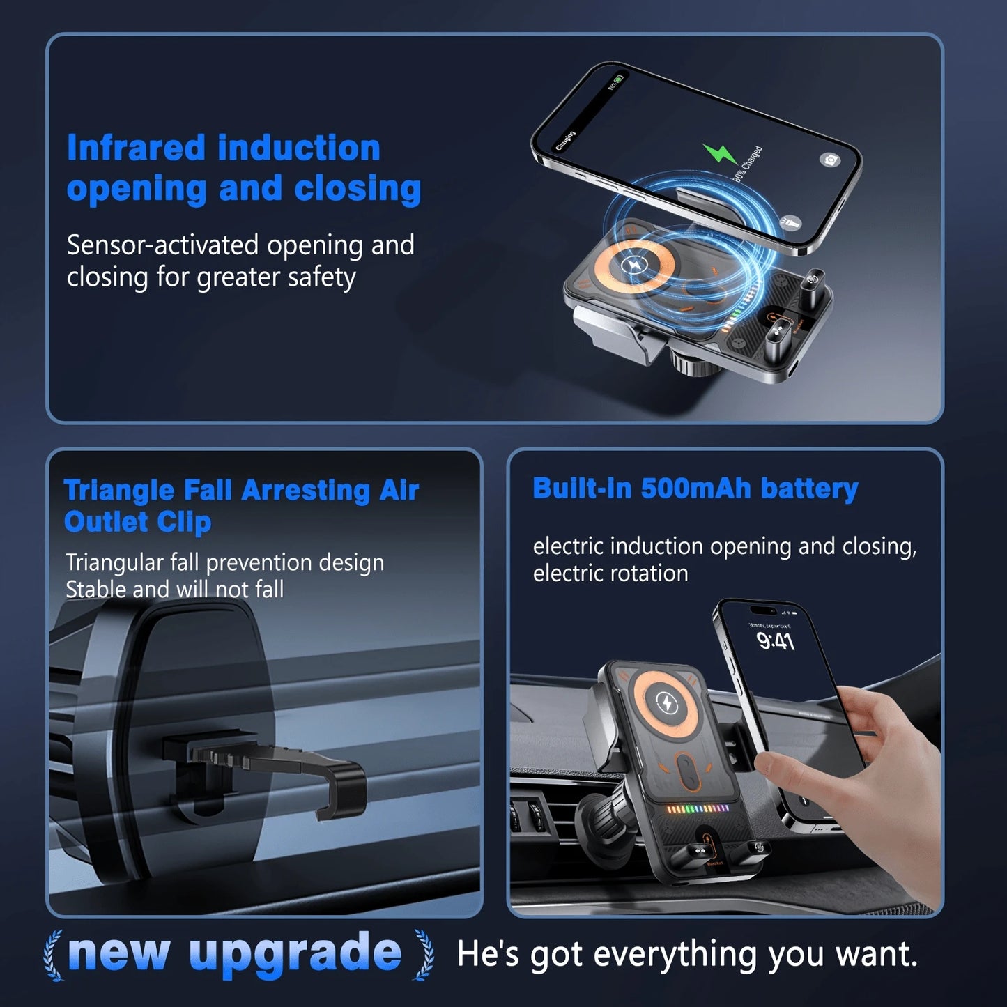 BiLOLLY 15W Car Fast Charging Mount, In-Car Wireless Charger, Touch-Activated Rotation, Automatic Clamping, Ambient Lighting, Built-In Battery, Supports Multi-Angle Adjustment, Anti-Vibration Helical