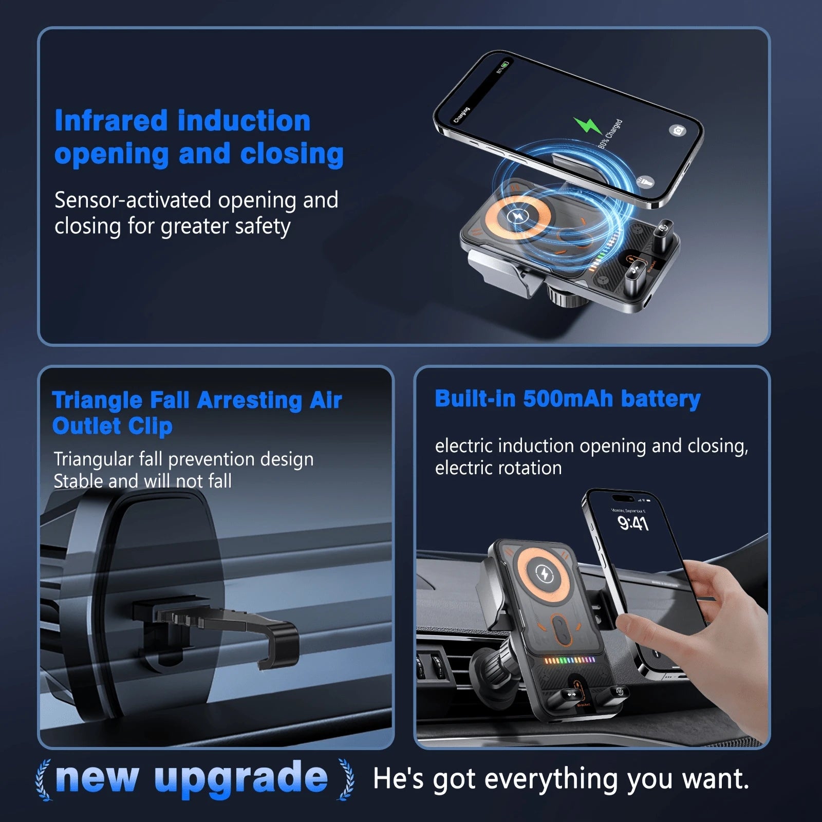 BiLOLLY 15W Car Fast Charging Mount, In-Car Wireless Charger, Touch-Activated Rotation, Automatic Clamping, Ambient Lighting, Built-In Battery, Supports Multi-Angle Adjustment, Anti-Vibration Helical