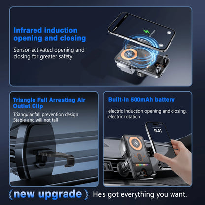 BiLOLLY 15W Car Fast Charging Mount, In-Car Wireless Charger, Touch-Activated Rotation, Automatic Clamping, Ambient Lighting, Built-In Battery, Supports Multi-Angle Adjustment, Anti-Vibration Helical