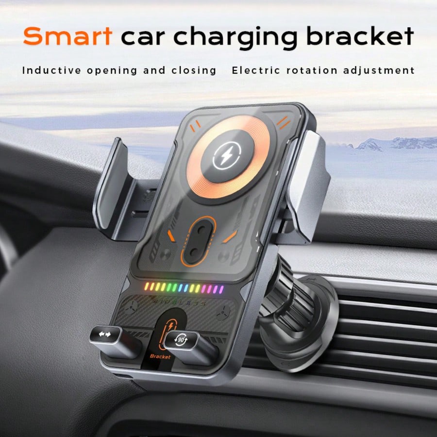 BiLOLLY 15W Car Fast Charging Mount, In-Car Wireless Charger, Touch-Activated Rotation, Automatic Clamping, Ambient Lighting, Built-In Battery, Supports Multi-Angle Adjustment, Anti-Vibration Helical