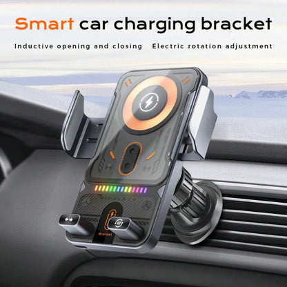 BiLOLLY 15W Car Fast Charging Mount, In-Car Wireless Charger, Touch-Activated Rotation, Automatic Clamping, Ambient Lighting, Built-In Battery, Supports Multi-Angle Adjustment, Anti-Vibration Helical