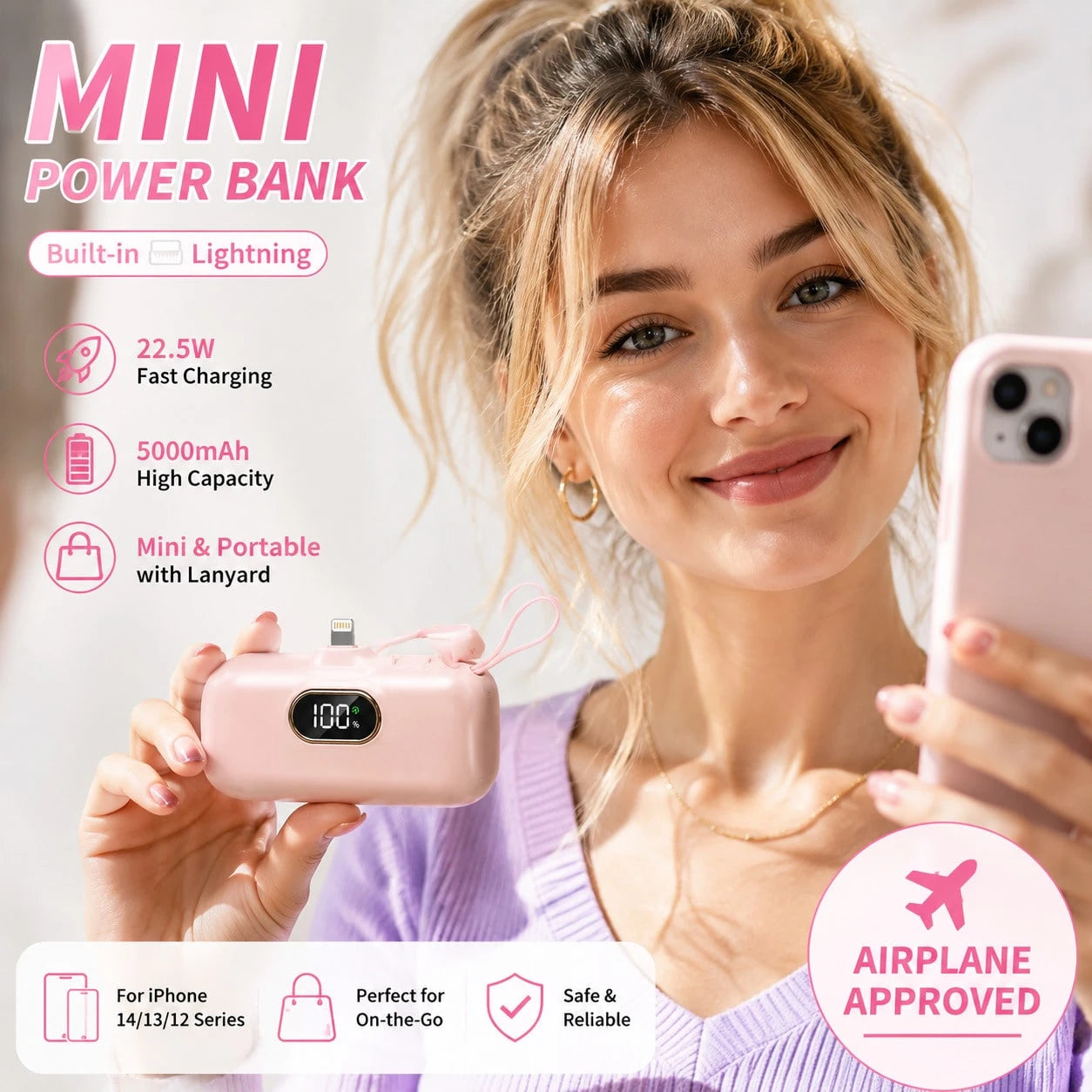 Black 5000mAh Mini Power Bank With Lightning Plug, Built-In USB-C Cable And 22.5W Fast Charging, With Digital Battery Percentage Display, Rounded Capsule Body And Wrist Lanyard For Easy Carrying, Comp