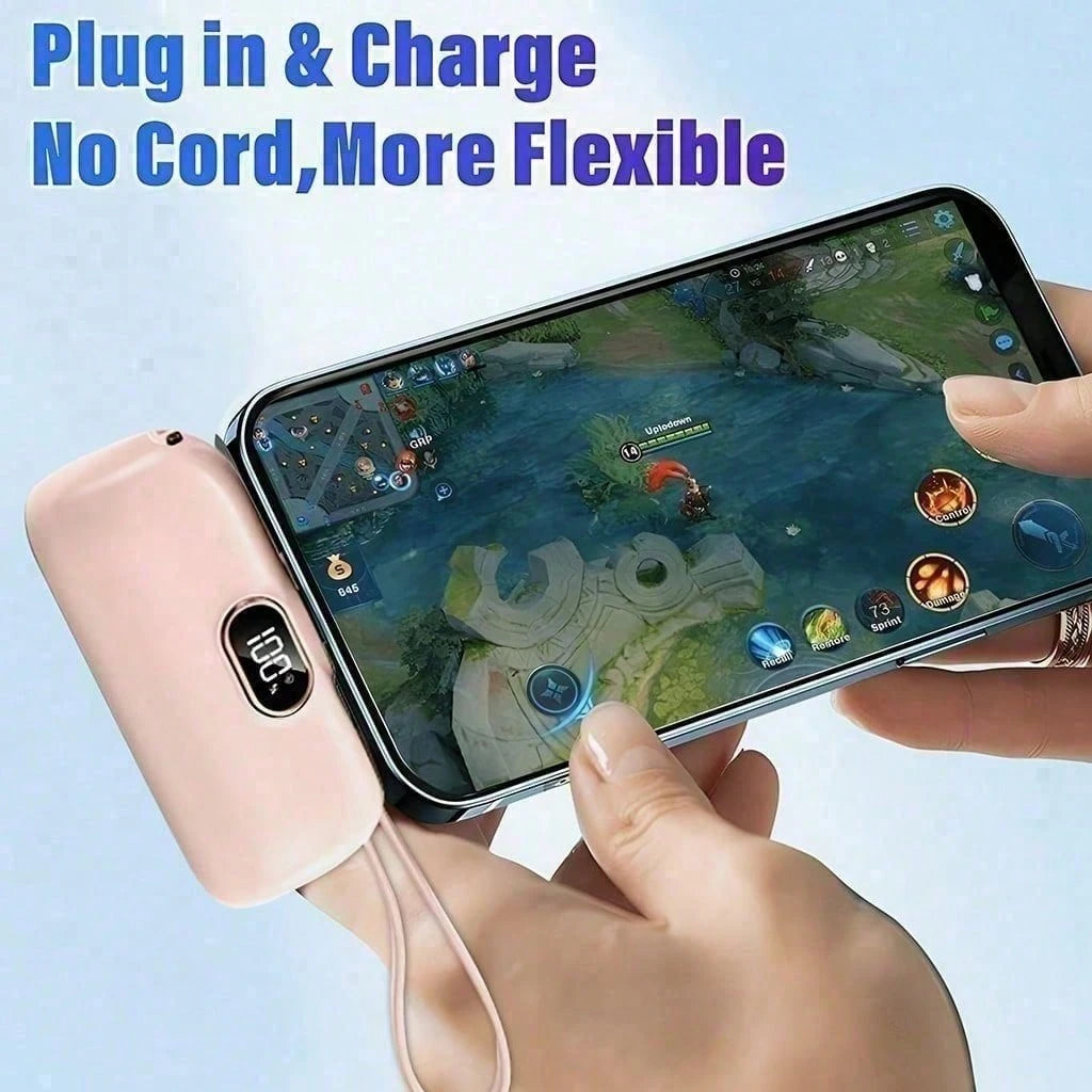 Black 5000mAh Mini Power Bank With Lightning Plug, Built-In USB-C Cable And 22.5W Fast Charging, With Digital Battery Percentage Display, Rounded Capsule Body And Wrist Lanyard For Easy Carrying, Comp