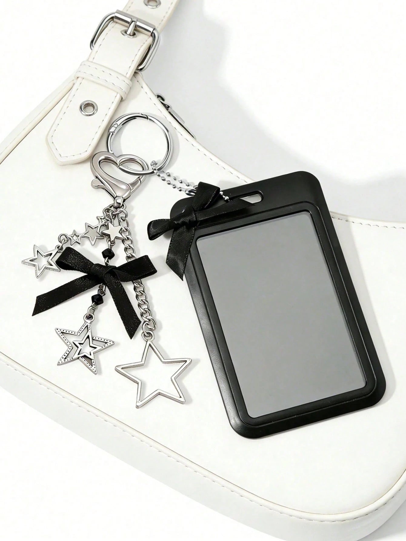 Black And White Star Pendant Card Holder, Pearl Pendant, Five-Pointed Star Pattern Design, Can Be Used As Bag Charm, Keychain, Can Store ID Card, Celebrity Card, Bus Card, Meal Card, Subway Card, Phot