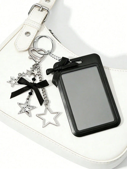 Black And White Star Pendant Card Holder, Pearl Pendant, Five-Pointed Star Pattern Design, Can Be Used As Bag Charm, Keychain, Can Store ID Card, Celebrity Card, Bus Card, Meal Card, Subway Card, Phot