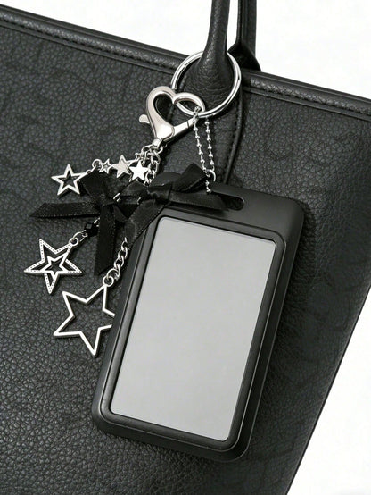 Black And White Star Pendant Card Holder, Pearl Pendant, Five-Pointed Star Pattern Design, Can Be Used As Bag Charm, Keychain, Can Store ID Card, Celebrity Card, Bus Card, Meal Card, Subway Card, Phot