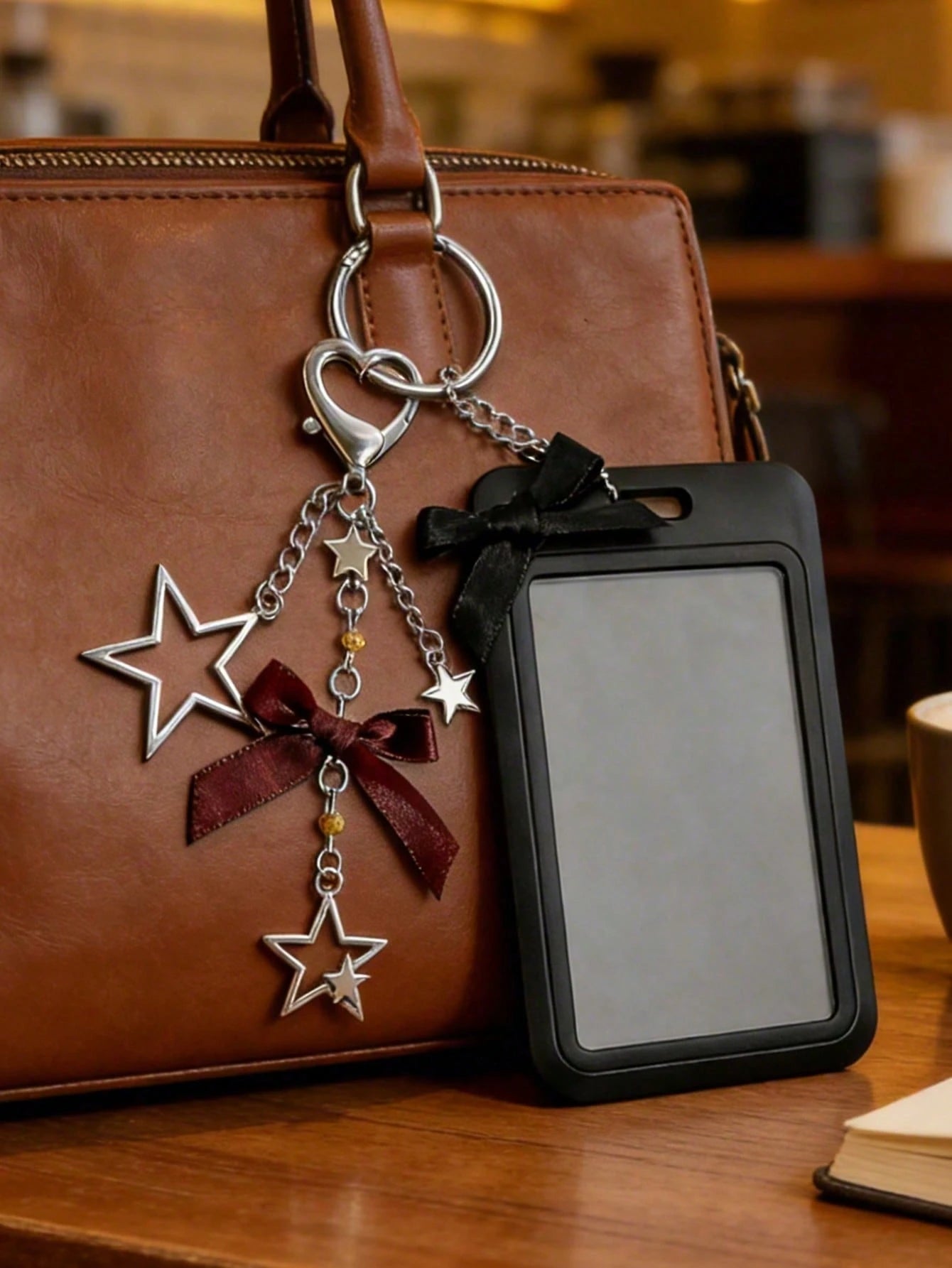 Black And White Star Pendant Card Holder, Pearl Pendant, Five-Pointed Star Pattern Design, Can Be Used As Bag Charm, Keychain, Can Store ID Card, Celebrity Card, Bus Card, Meal Card, Subway Card, Phot