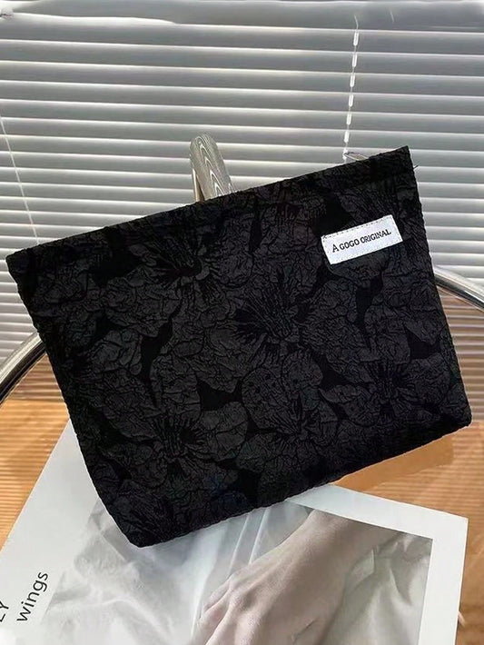 Black Floral Jacquard Makeup Bag, Vintage Embossed Texture, Large Capacity, Portable Travel Toiletry Bag, Soft Zipper Handbag, Tote Bag, Bathroom Storage Bag, Valentine's Day, New Year, Wedding Gift