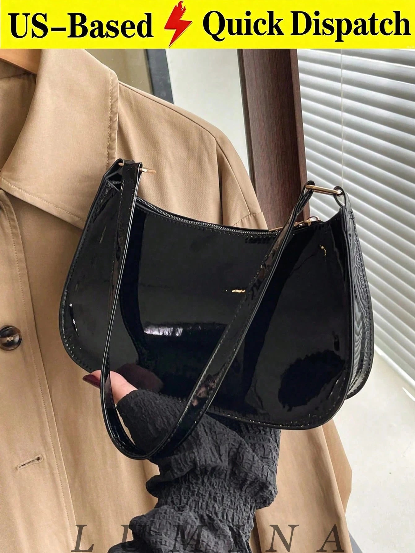 Black Purse Glossy Patent Leather Underarm Hobo Handbag For Women, Casual Daily Shopping Purses And Bags