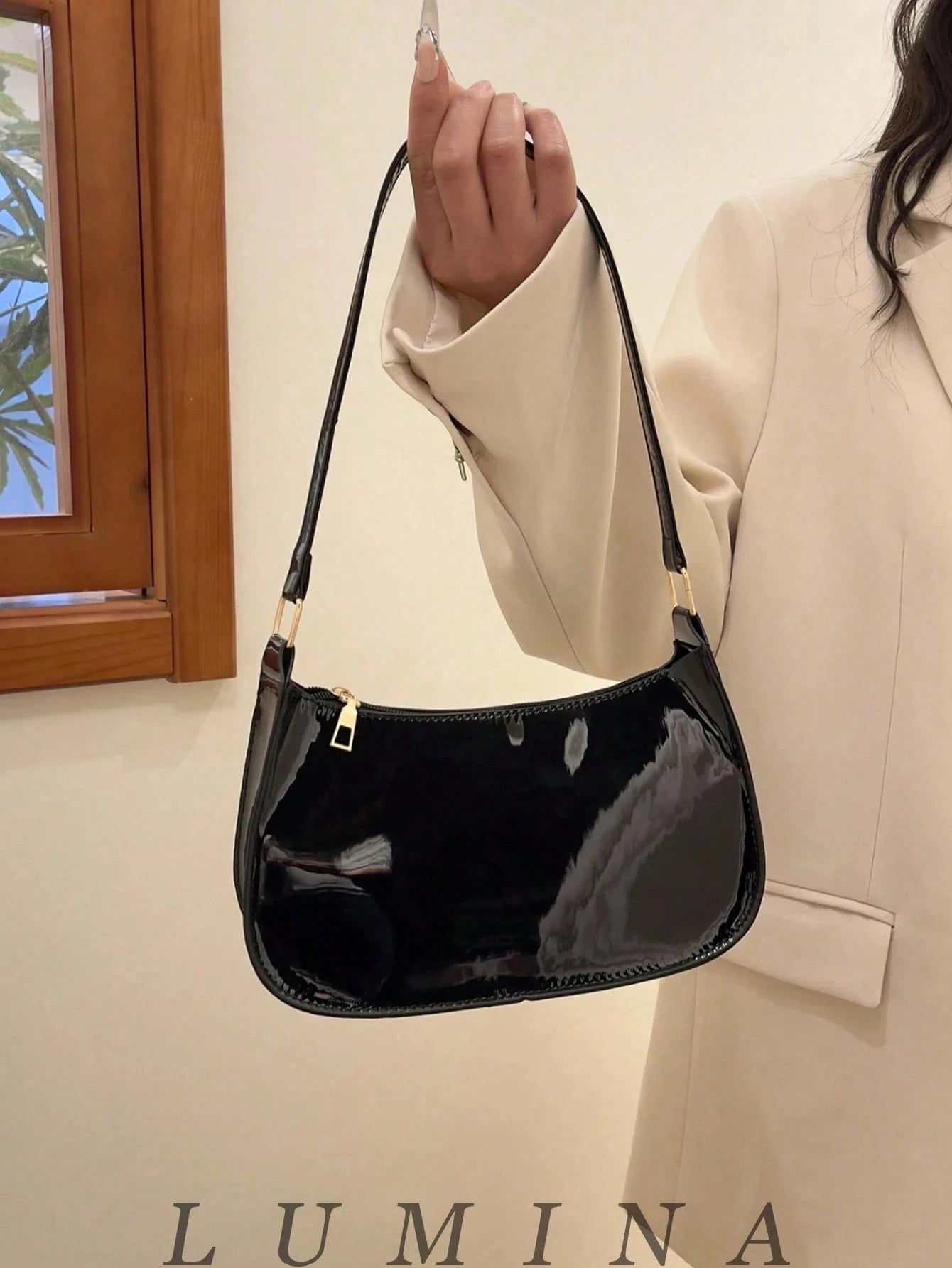 Black Purse Glossy Patent Leather Underarm Hobo Handbag For Women, Casual Daily Shopping Purses And Bags