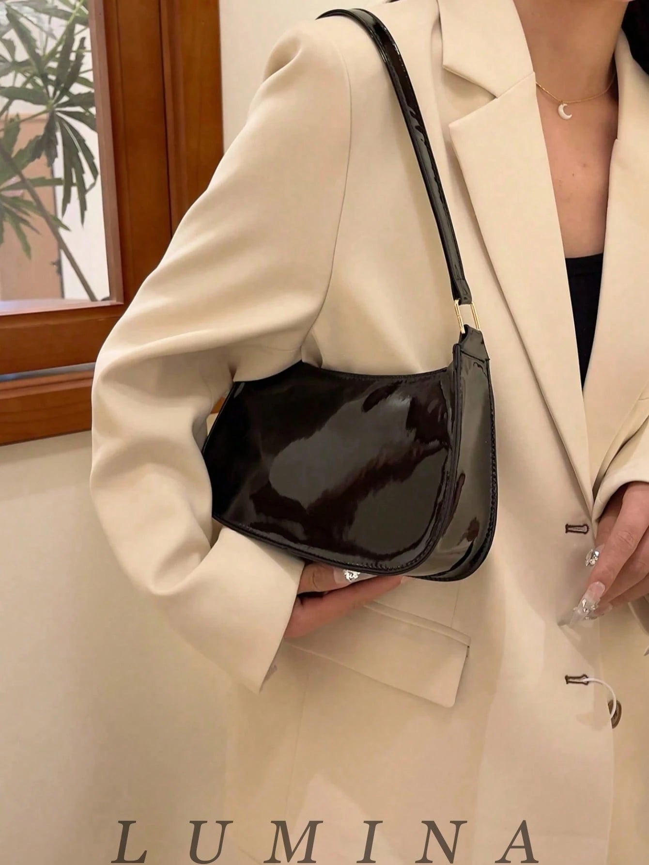 Black Purse Glossy Patent Leather Underarm Hobo Handbag For Women, Casual Daily Shopping Purses And Bags