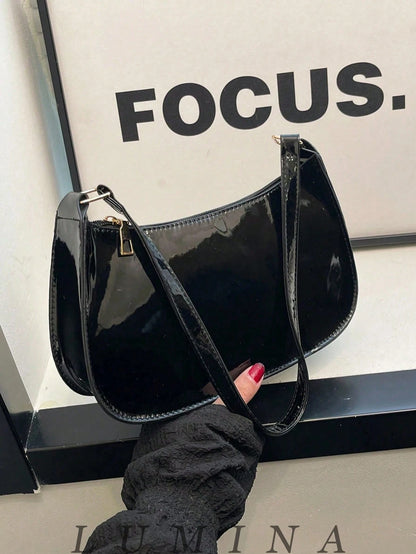 Black Purse Glossy Patent Leather Underarm Hobo Handbag For Women, Casual Daily Shopping Purses And Bags