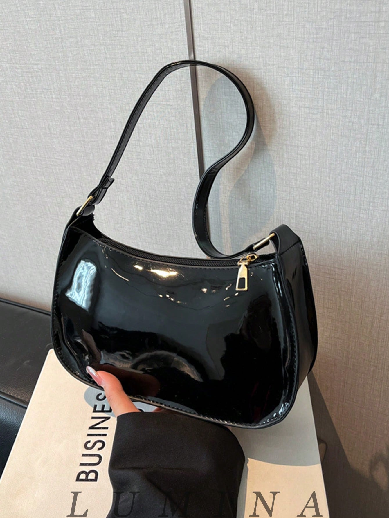 Black Purse Glossy Patent Leather Underarm Hobo Handbag For Women, Casual Daily Shopping Purses And Bags