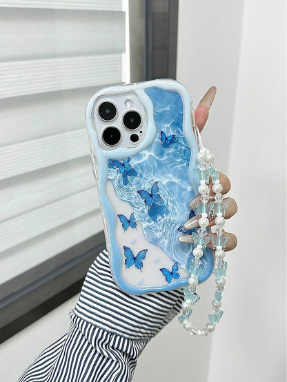 Blue Butterfly Element Fashion Shockproof Cream Textured Wavy Edge Glossy Butterfly Painted Anti-Drop Phone Case With Handmade Beaded Bracelet, Compatible With IPhone 16/11/16pro/16plus/16promax/16e/1