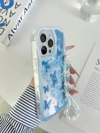 Blue Butterfly Element Fashion Shockproof Cream Textured Wavy Edge Glossy Butterfly Painted Anti-Drop Phone Case With Handmade Beaded Bracelet, Compatible With IPhone 16/11/16pro/16plus/16promax/16e/1