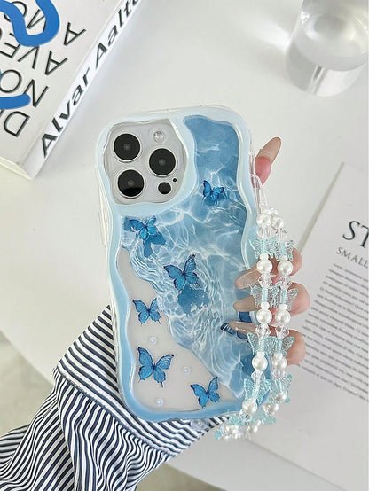 Blue Butterfly Element Fashion Shockproof Cream Textured Wavy Edge Glossy Butterfly Painted Anti-Drop Phone Case With Handmade Beaded Bracelet, Compatible With IPhone 16/11/16pro/16plus/16promax/16e/1