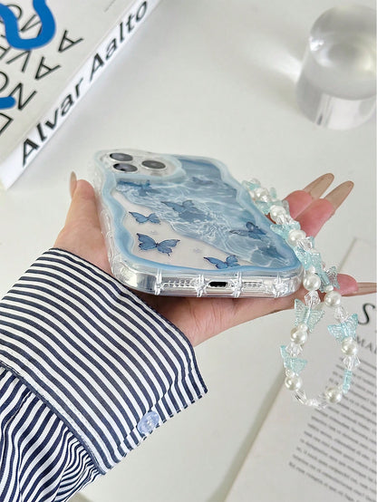 Blue Butterfly Element Fashion Shockproof Cream Textured Wavy Edge Glossy Butterfly Painted Anti-Drop Phone Case With Handmade Beaded Bracelet, Compatible With IPhone 16/11/16pro/16plus/16promax/16e/1