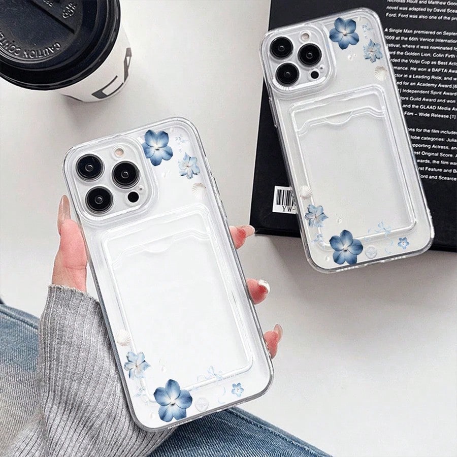 Blue Flowers Shells Ribbons Pattern-Slim Clear Phone Case With Card Holder For IPhone11/12/13/14/15/16 Pro- Minimalist Wallet Replacement- Lightweight Design| Good Gift For Friend,Suitable For IPho