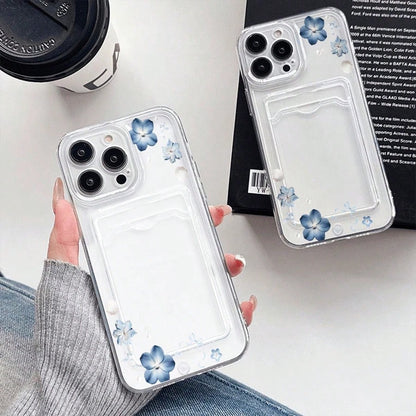 Blue Flowers Shells Ribbons Pattern-Slim Clear Phone Case With Card Holder For IPhone11/12/13/14/15/16 Pro- Minimalist Wallet Replacement- Lightweight Design| Good Gift For Friend,Suitable For IPho