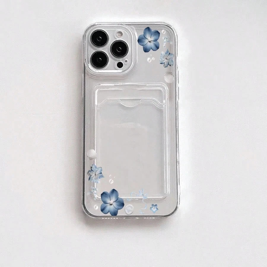 Blue Flowers Shells Ribbons Pattern-Slim Clear Phone Case With Card Holder For IPhone11/12/13/14/15/16 Pro- Minimalist Wallet Replacement- Lightweight Design| Good Gift For Friend,Suitable For IPho