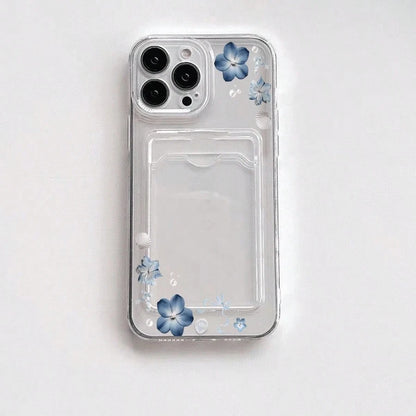 Blue Flowers Shells Ribbons Pattern-Slim Clear Phone Case With Card Holder For IPhone11/12/13/14/15/16 Pro- Minimalist Wallet Replacement- Lightweight Design| Good Gift For Friend,Suitable For IPho