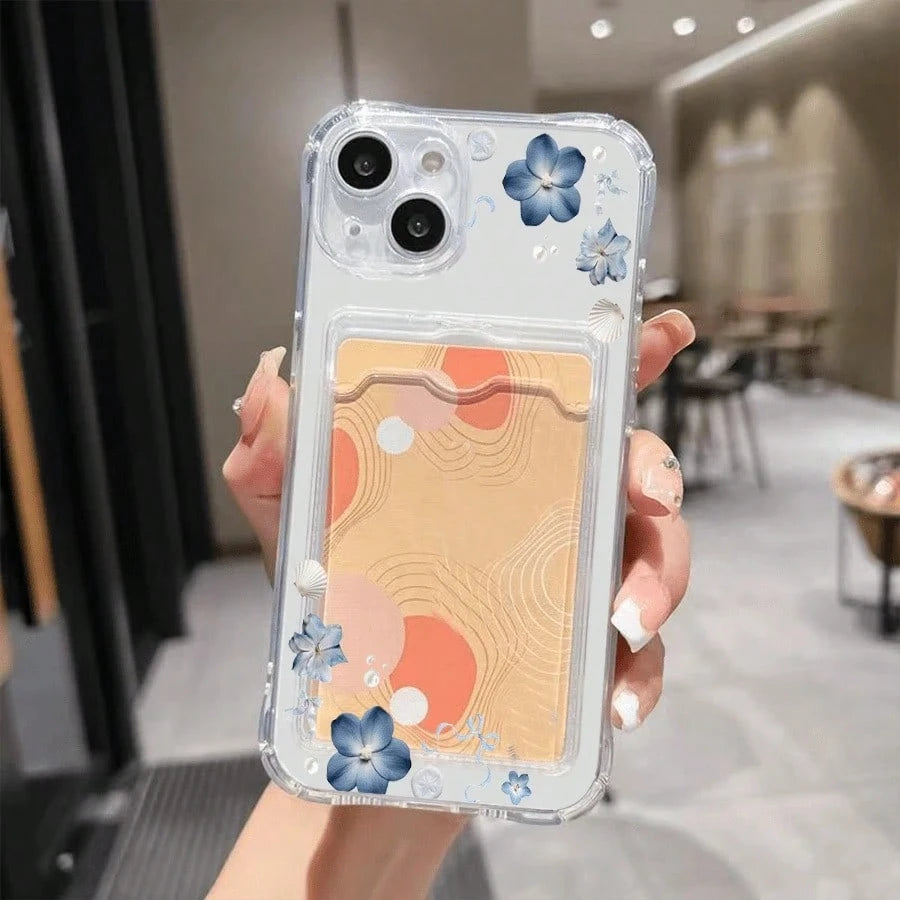 Blue Flowers Shells Ribbons Pattern-Slim Clear Phone Case With Card Holder For IPhone11/12/13/14/15/16 Pro- Minimalist Wallet Replacement- Lightweight Design| Good Gift For Friend,Suitable For IPho