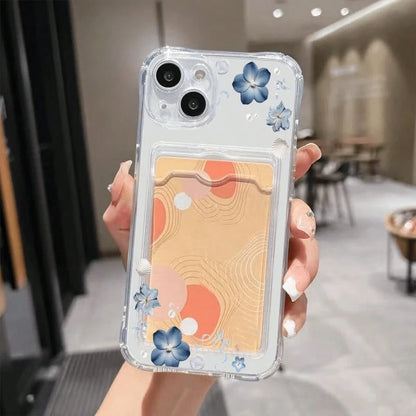 Blue Flowers Shells Ribbons Pattern-Slim Clear Phone Case With Card Holder For IPhone11/12/13/14/15/16 Pro- Minimalist Wallet Replacement- Lightweight Design| Good Gift For Friend,Suitable For IPho
