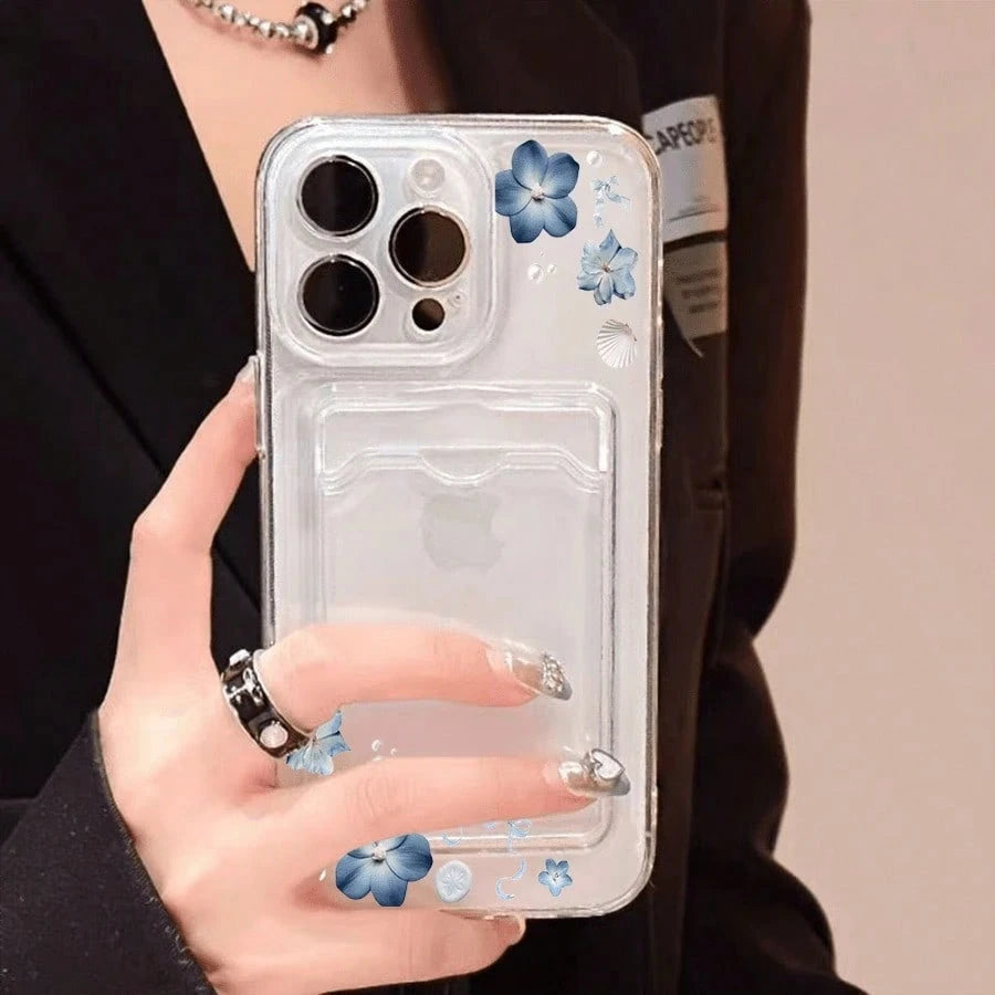 Blue Flowers Shells Ribbons Pattern-Slim Clear Phone Case With Card Holder For IPhone11/12/13/14/15/16 Pro- Minimalist Wallet Replacement- Lightweight Design| Good Gift For Friend,Suitable For IPho