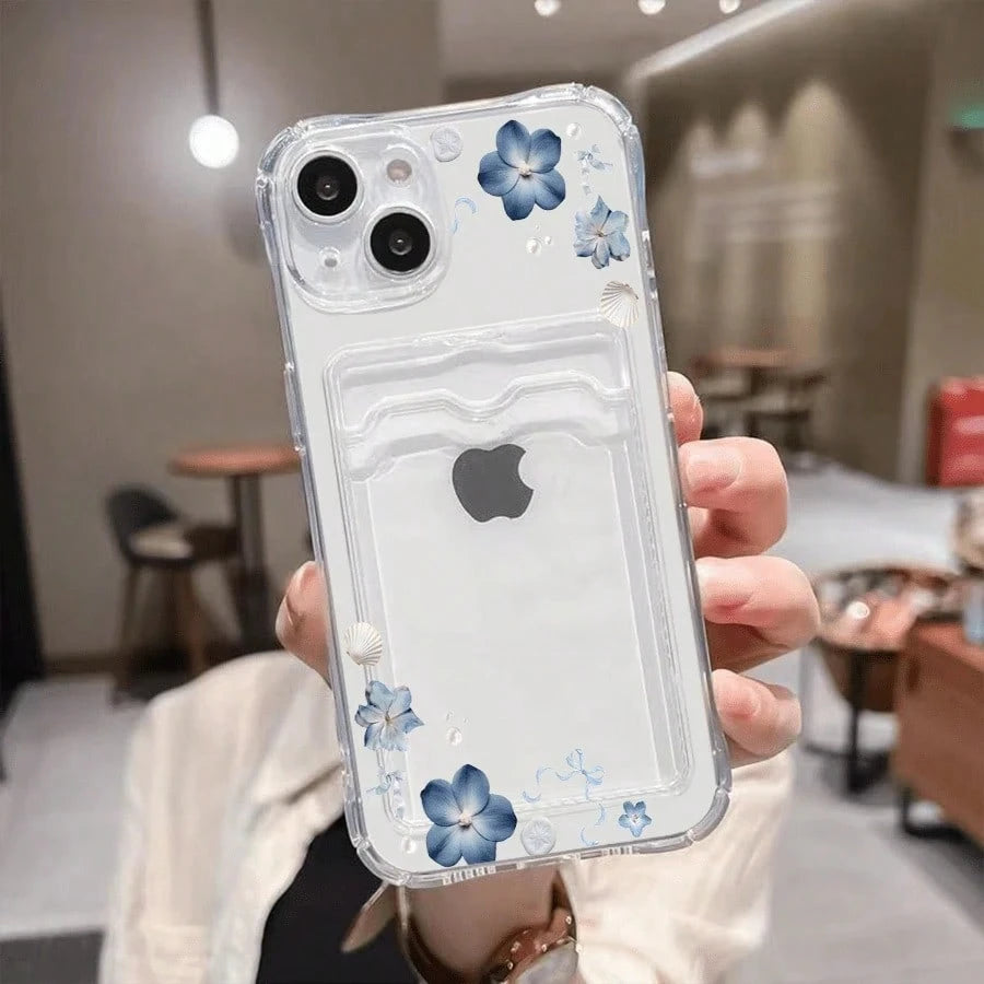 Blue Flowers Shells Ribbons Pattern-Slim Clear Phone Case With Card Holder For IPhone11/12/13/14/15/16 Pro- Minimalist Wallet Replacement- Lightweight Design| Good Gift For Friend,Suitable For IPho